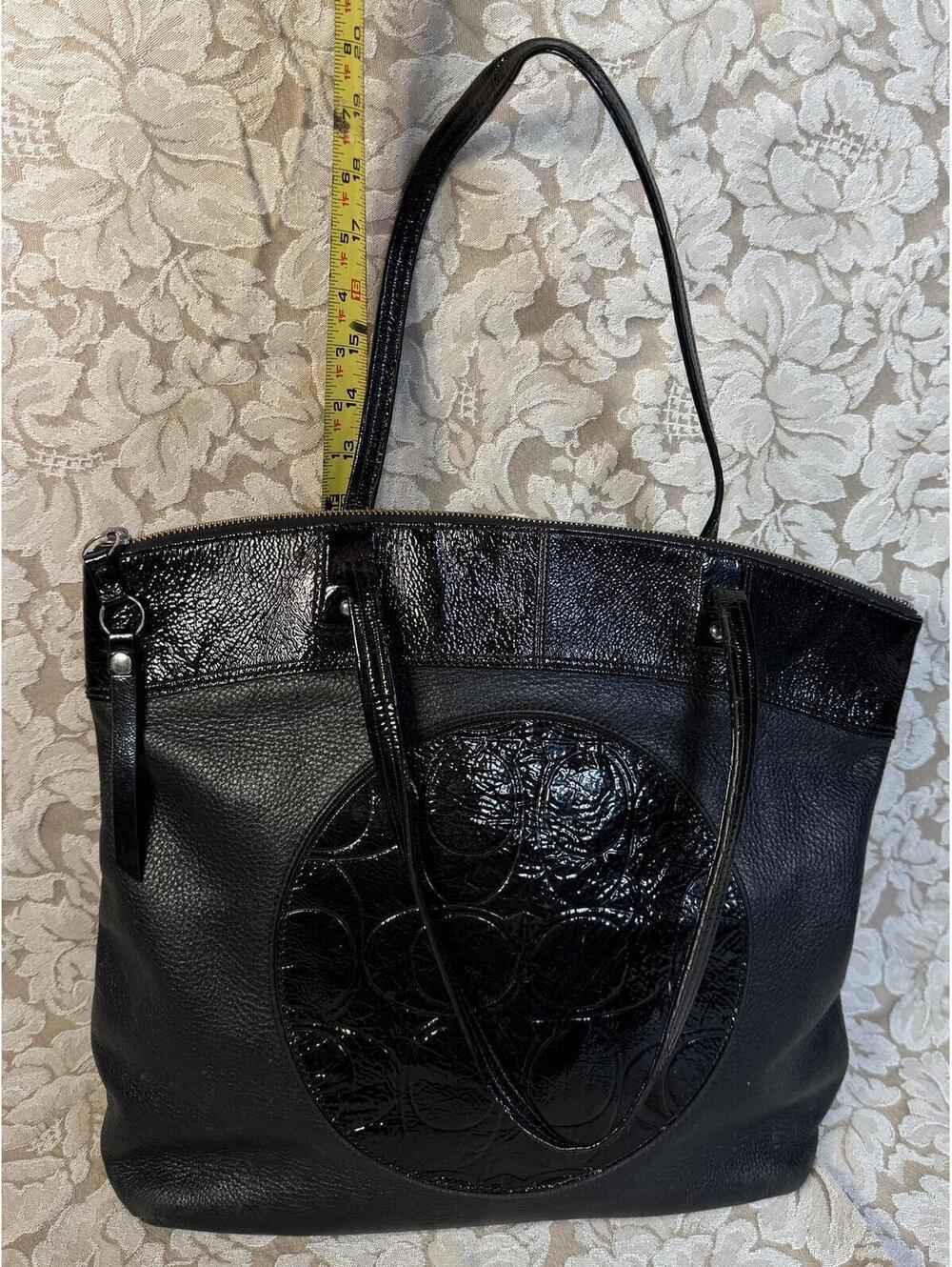 Coach Black Leather Tote Bag with Patent Leather Accents